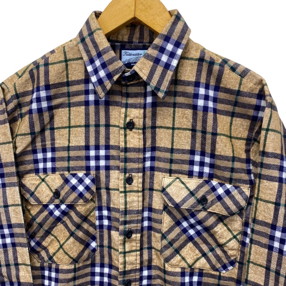 Fieldmaster‎ Flannel Shirt Mens Medium Tan Plaid Perma-Prest Vintage Made in USA